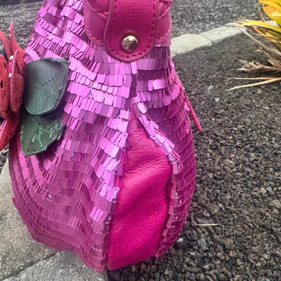 Sharif Designed in New York Pink Leather Sequin Fringe Shoulder Bag Magenta - Picture 4 of 17